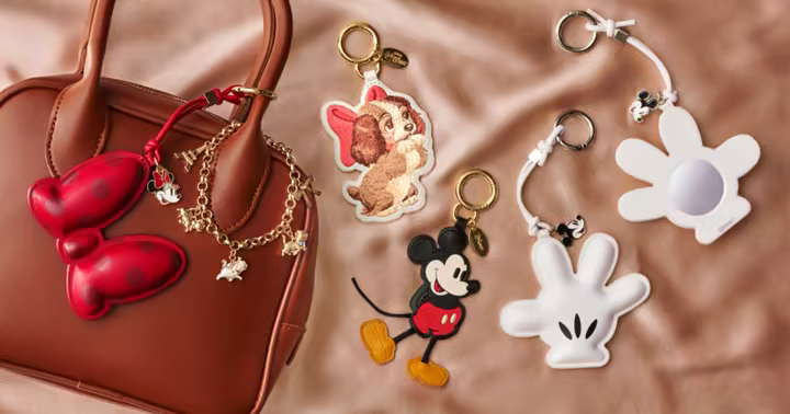 Disney Store Japan Fashion Charm accessories displayed beside a brown handbag