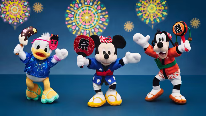 Donald Duck, Mickey Mouse and Goofy plush keychains in Japanese festival outfits