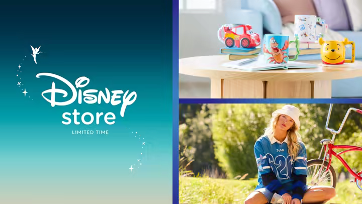 Disney Store Limited Time promotional image with Disney merchandise