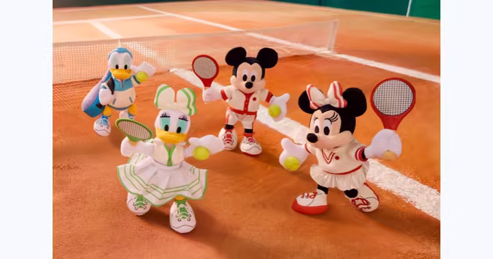 Mickey Mouse, Minnie Mouse, Donald Duck, and Daisy Duck tennis plush from Disney Store Europe