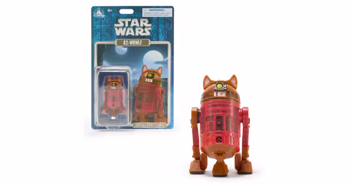 R2-WRWLF Star Wars Droid Factory figure in its package beside the loose figure