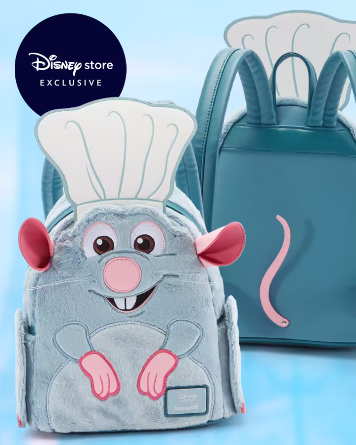 Front and back views of the Remy plush Loungefly mini backpack