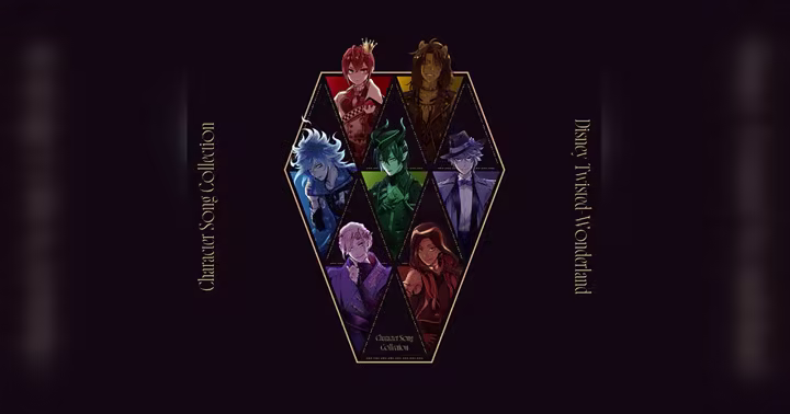 Character Song Collection cover art for Disney Twisted-Wonderland showing seven characters in a gold-outlined geometric design