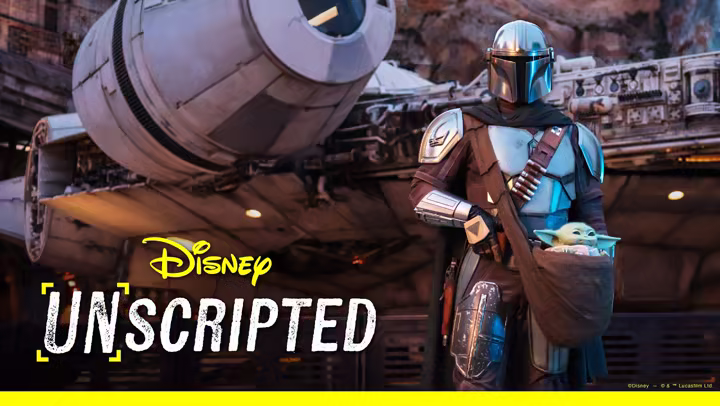 Disney Parks YouTube thumbnail for the Disney Unscripted Smugglers Run Mandalorian mission episode