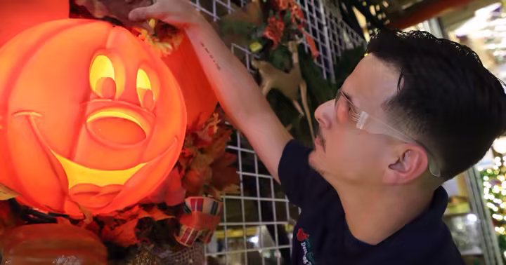 A Disney Holiday Services cast member installs a glowing Halloween pumpkin display at Walt Disney World