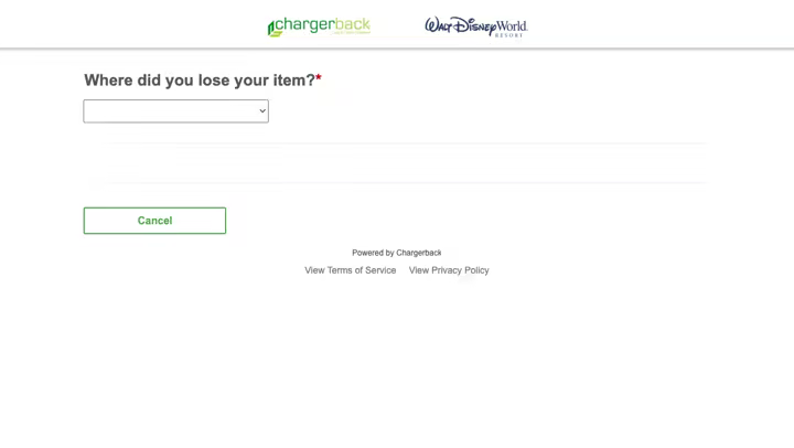 The Walt Disney World and Chargerback lost-item report form.