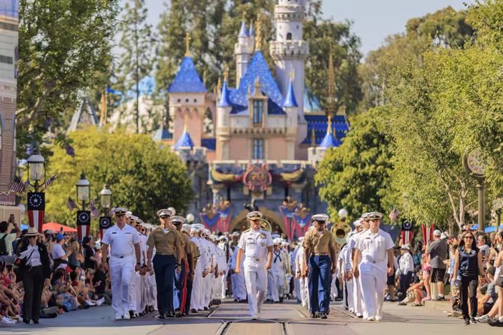 Sailors and Marines march down Main Street, U.S.A. during LA Fleet Week at Disneyland
