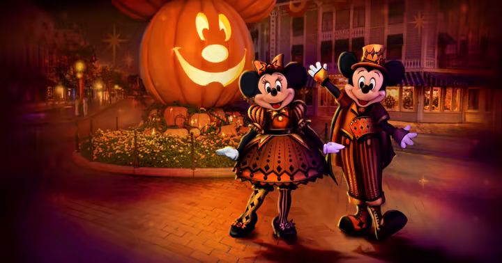 Mickey Mouse, Minnie Mouse, and Disney friends in Halloween outfits at Disneyland Resort