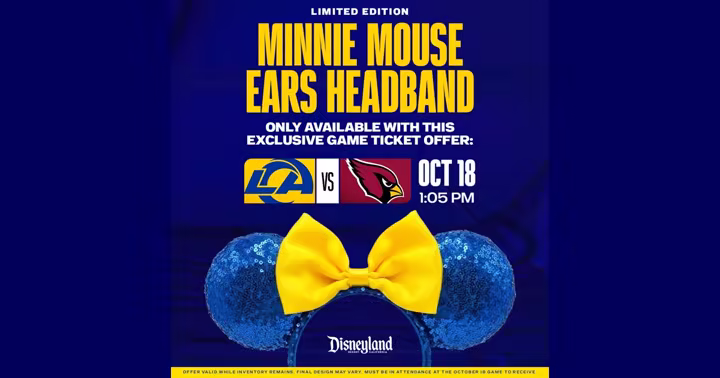 Blue sequined Minnie Mouse ears with a yellow bow for the Disneyland Resort and Los Angeles Rams ticket offer