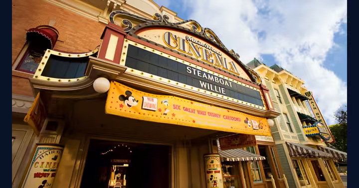 Main Street Cinema marquee and entrance at Disneyland Park
