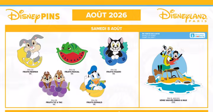 Disneyland Paris August 2026 pin calendar with fruit pins and a Goofy and Max limited edition