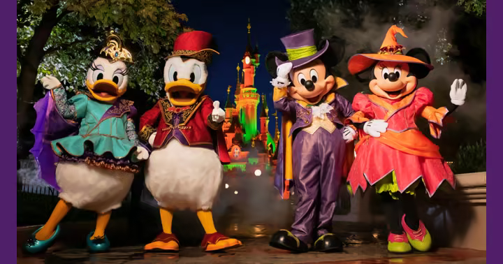 Mickey, Minnie, Donald and Daisy in Victorian Halloween costumes at Disneyland Paris