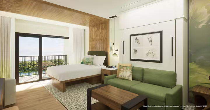 Artist rendering of a nature-inspired guest room at Disney’s Lakeshore Lodge