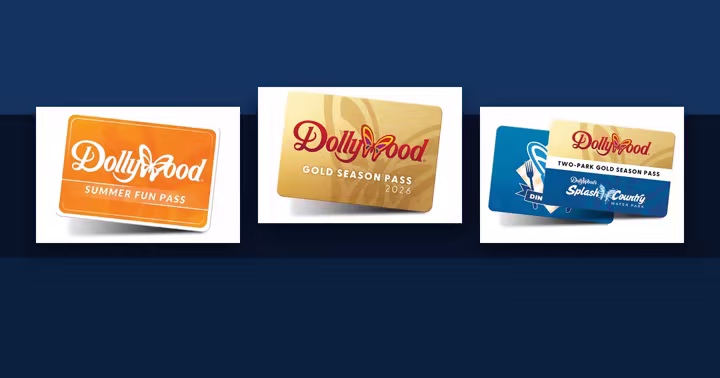 Dollywood 2026 season pass cards on a navy background