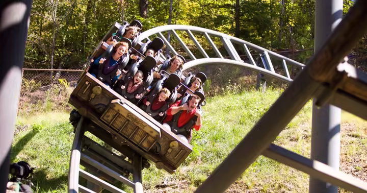 Guests riding Mystery Mine at Dollywood