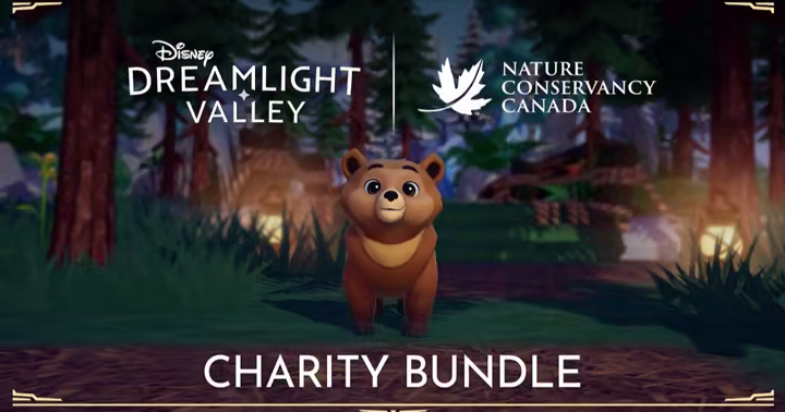 Grizzly bear cub companion beside a cabin in Disney Dreamlight Valley