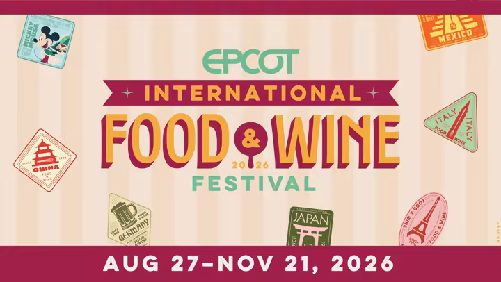 Official 2026 EPCOT International Food & Wine Festival artwork with travel stickers and Aug. 27 to Nov. 21 dates