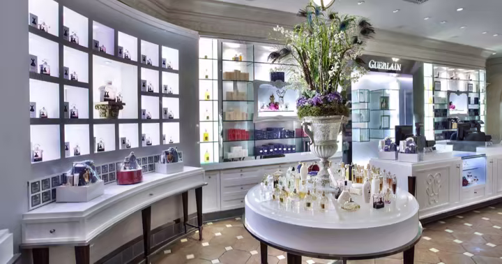 Guerlain displays and fragrance shelves inside La Signature at EPCOT