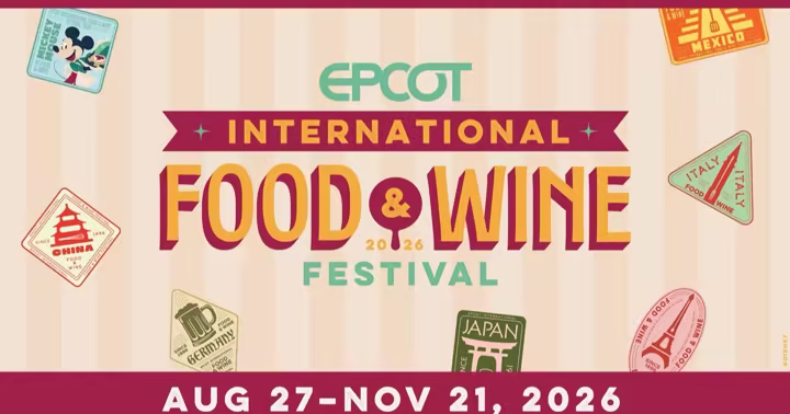 Mickey Mouse and food icons frame Spaceship Earth in EPCOT Food and Wine Festival artwork