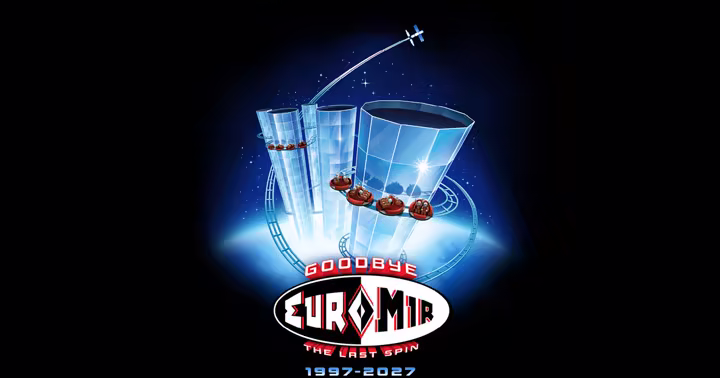 Euro-Mir trains circling the mirrored towers at Europa-Park