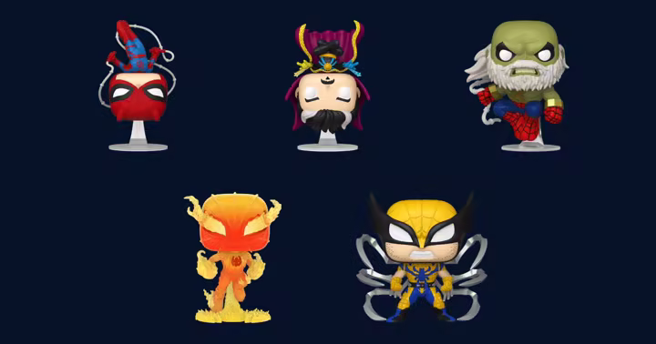 Five Marvel Spider-Man Mash-Up Funko Pop figures