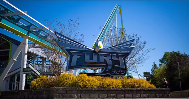 Fury 325 entrance sign and lift hill at Carowinds