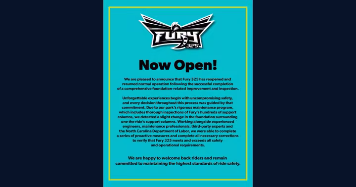 Carowinds Fury 325 reopening statement