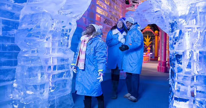 Guests in blue parkas walking through Gaylord Hotels' ICE! attraction