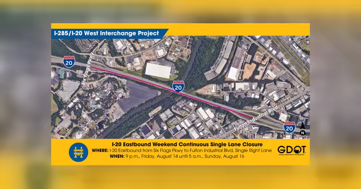 Georgia DOT map of the I-20 eastbound lane closure beside Six Flags Over Georgia