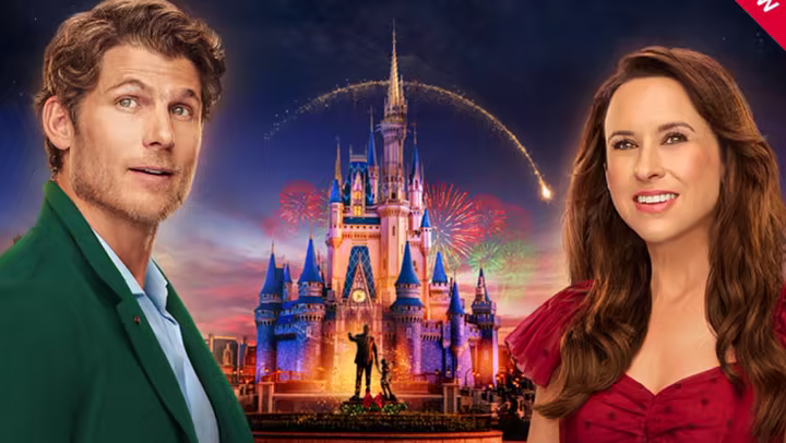 Holiday Ever After: A Disney World Wish Come True key art with Cinderella Castle, Lacey Chabert, and Travis Van Winkle