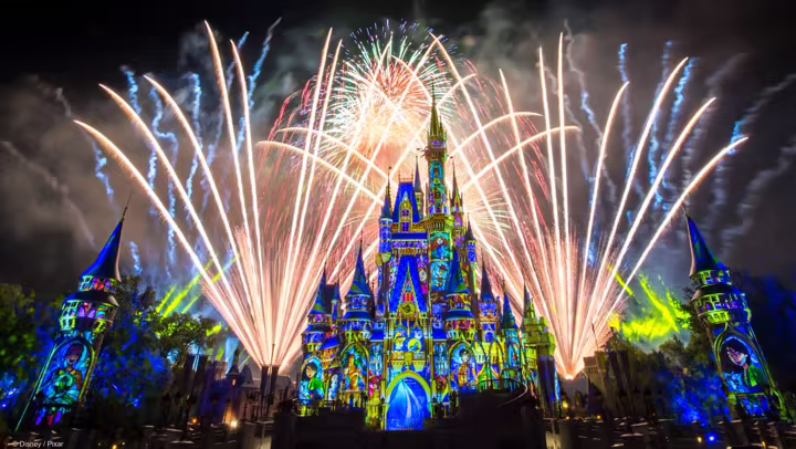 Happily Ever After fireworks burst above Cinderella Castle at Magic Kingdom