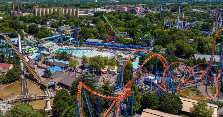 Aerial view of Hersheypark roller coasters and The Boardwalk water park
