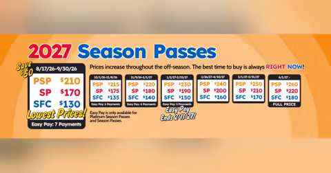 Holiday World 2027 Season Pass sale graphic with discounted prices