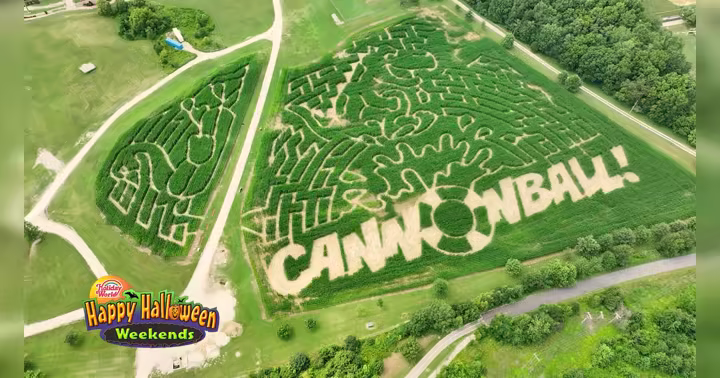 Aerial view of Holiday World's 2026 Dino Corn Maze with Happy Halloween Weekends branding