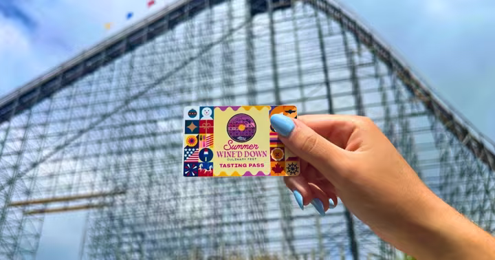 Summer Wine'd Down tasting pass held in front of The Voyage at Holiday World
