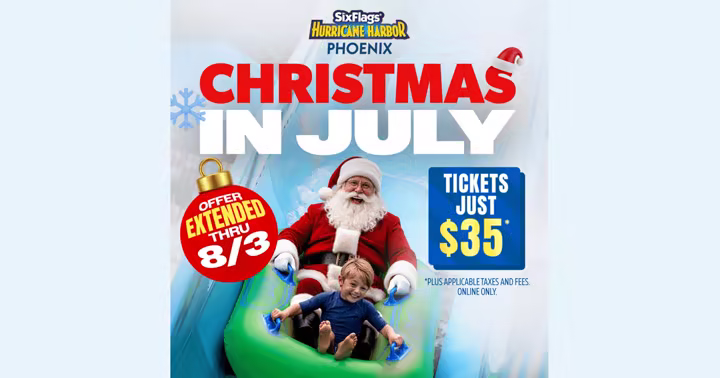 Hurricane Harbor Phoenix Christmas in July ticket sale extension artwork