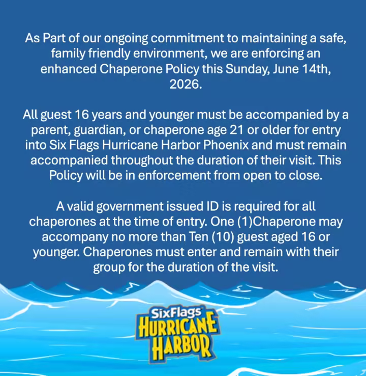 Hurricane Harbor Phoenix chaperone policy graphic from the official park account