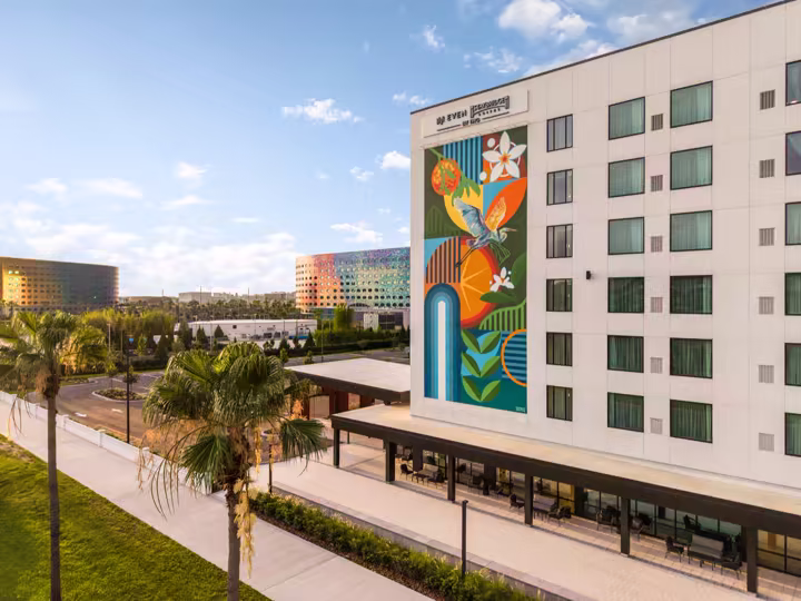 Exterior mural at the dual-branded EVEN Hotel and Staybridge Suites near Universal Orlando