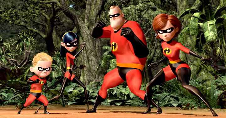 The Parr family in superhero suits in Disney and Pixar's The Incredibles