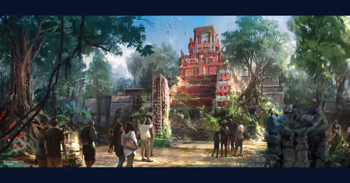 Indiana Jones attraction exterior concept art for Tropical Americas at Disney's Animal Kingdom