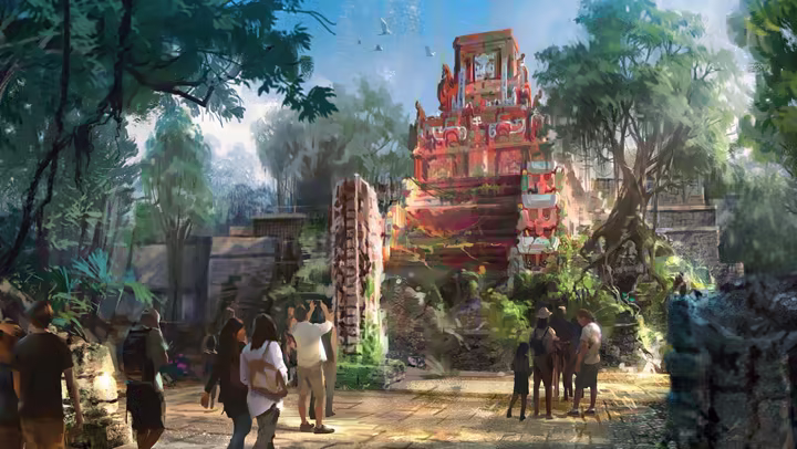 Indiana Jones attraction exterior concept art for Tropical Americas at Disney's Animal Kingdom