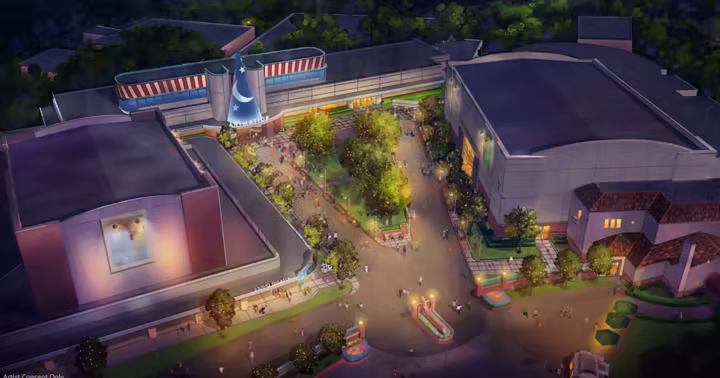 Official concept art of The Magic of Disney Animation courtyard at Disney’s Hollywood Studios
