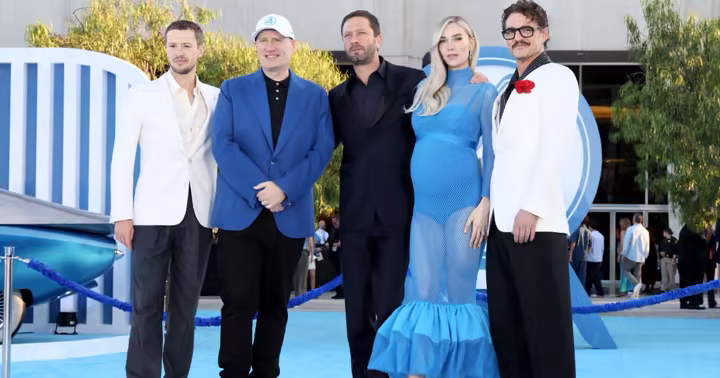 Kevin Feige with the cast of The Fantastic Four: First Steps