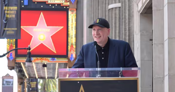 Kevin Feige speaks at his Hollywood Walk of Fame ceremony in July 2024