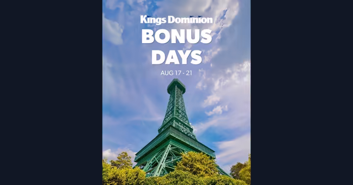 Kings Dominion Bonus Days artwork with guests riding a roller coaster