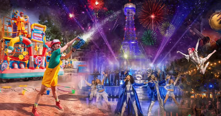 Kings Dominion summer entertainment artwork with fireworks, performers, and International Street