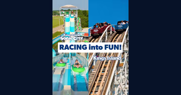 Kings Island and Soak City flash sale artwork with water slides and Racer coaster trains