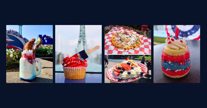 Four patriotic Kings Island food photos on a dark background