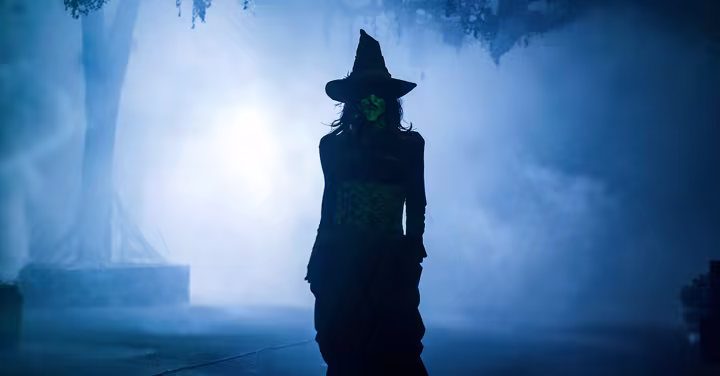 A costumed witch stands in the fog at Knott's Scary Farm