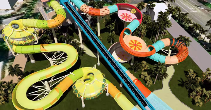 Aerial rendering of the Coral Craze and Kelp Kraze water slides at Knott's Soak City